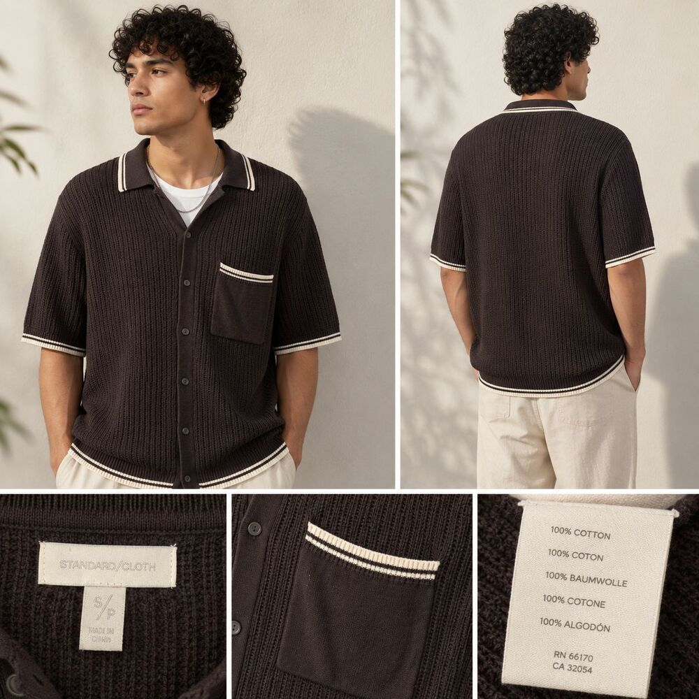 Standard Cloth Y2K Men Polo Shirt S oversized Striped Short Sleeve Button Front